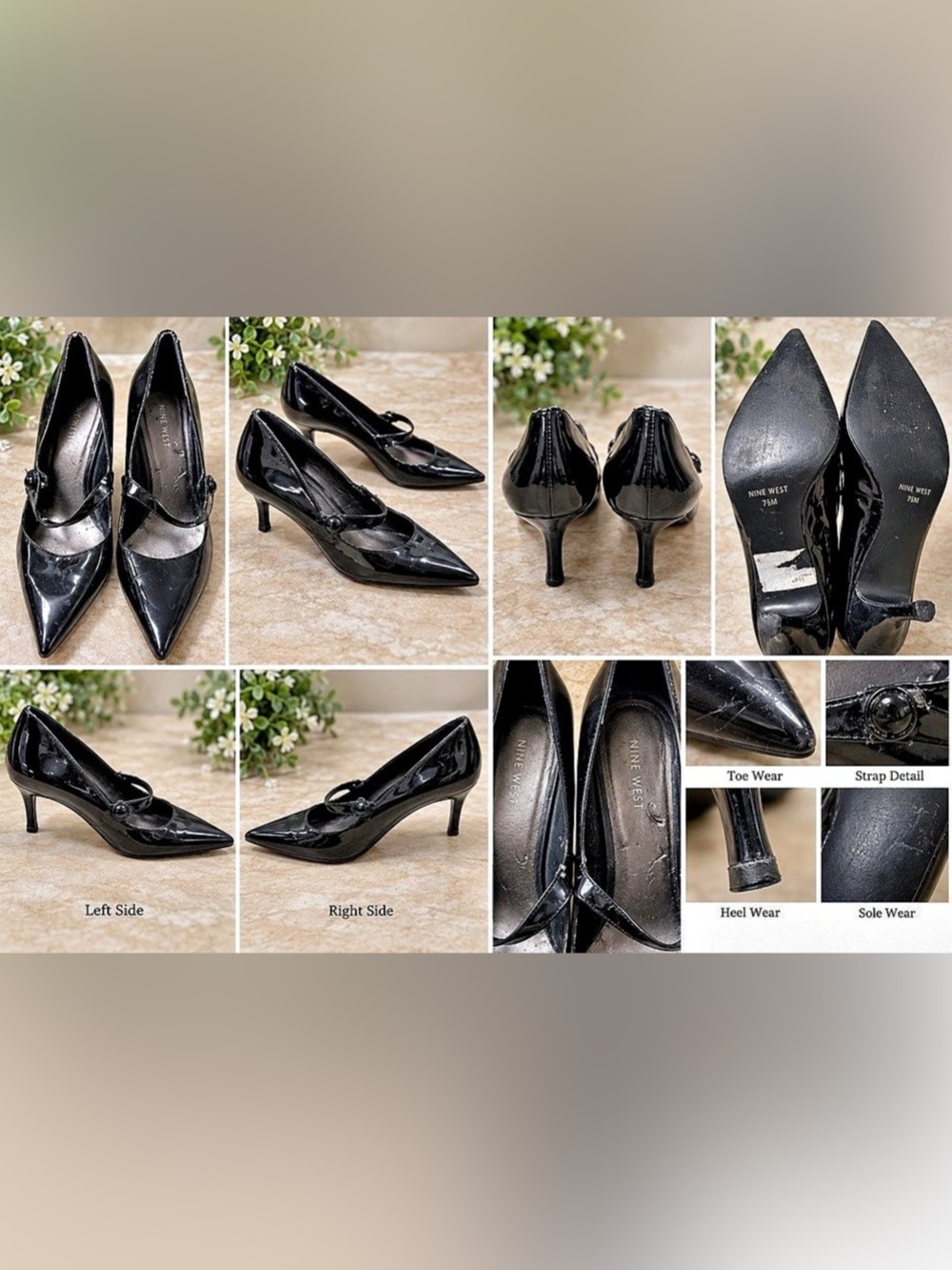 Nine West Black Patent Pointed Toe Mary Jane Kitten Heels Size 7.5